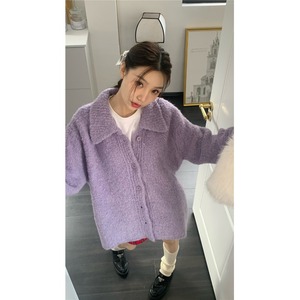 韩系紫色毛衣外套女秋冬季新款慵懒风宽松显瘦外穿中长款针织开衫
