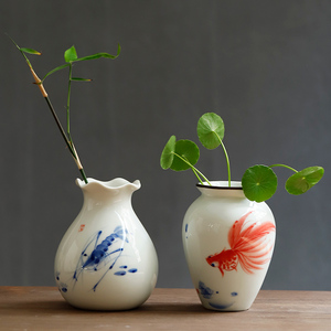 新中式手绘陶罐花瓶大口径水培花器家居装饰品摆件桌面客厅插花