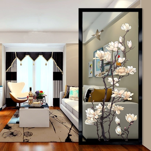 新中式入门艺术玻璃隔断屏风客厅玄关夹丝磨砂透光钢化玉兰花