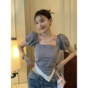 韩版小众格子方领衬衫女夏季新款修身显瘦别致不规则短款系带上衣