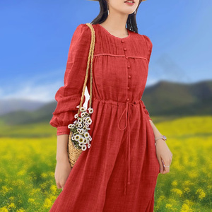 外贸出口尾单剪标欧货法式优雅红色连衣裙女宽松轻薄大摆a字长裙