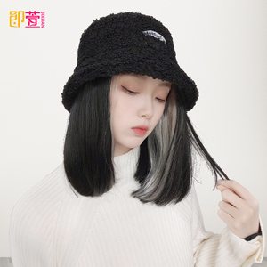 假发女帽子一体短发时尚羊羔毛渔夫帽秋冬款挂耳挑染黑内扣全头套