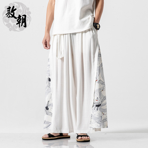 中国风男裤子古风仙鹤印花古装宋裤襦裙夏季薄款冰丝直筒休闲长裤