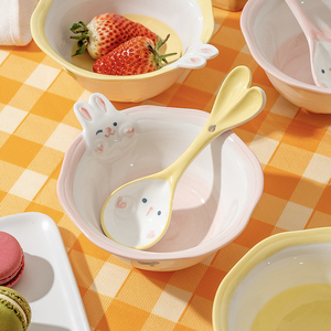 小作 韩式可爱兔子小碗ins家用辅食陶瓷碗沙拉甜品早餐碗碗勺套装