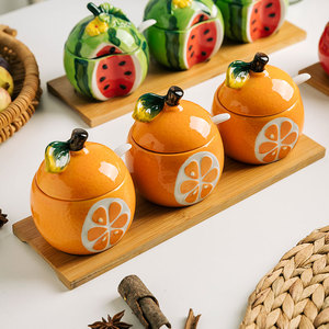 小作陶瓷家用水果浮雕调味罐创意造型佐料罐带盖味精盐盒厨房套装