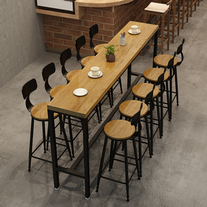 美式复古奶茶店吧台桌椅咖啡厅长条吧台桌休闲吧实木桌高脚椅组合