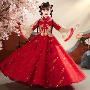女童高端红色汉服秋冬小女孩中国风古装唐装古风超仙公主连衣裙子