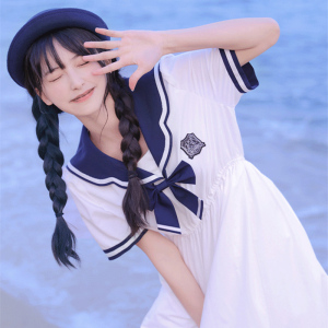 小清新甜美海军领jk连衣裙女夏初中高中学生学院风白色水手服裙子