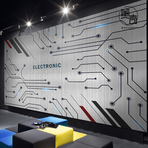 金属风科技电子电路线条背景墙信息网络公司形象墙办公室装修壁画