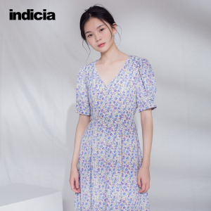 indicia标记短袖连衣裙收腰仙女v领碎花印花裙子薄夏季新款女装