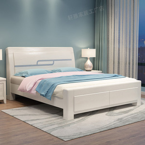 全实木床白色烤漆现代简约1.5米橡木双人时尚主卧1.8米高箱储物床