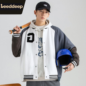 leeddeep春秋季棒球服男潮牌宽松字母刺绣拼色拼接潮流夹克外套