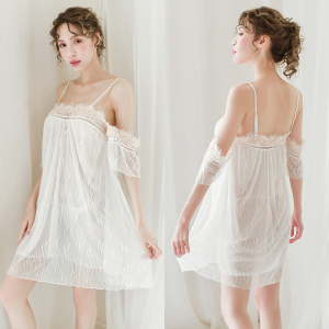 清纯白色性感少女小仙女可爱甜美蕾丝透视网纱吊带一字肩透明睡裙