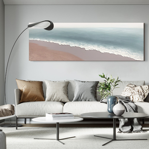 yzs 原创《海滩》纯手绘油画客厅大幅长条挂画蓝色海景立体画床头
