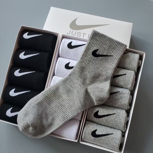 nike耐克男袜吸汗透气柔软春秋冬季中短筒袜黑白灰色棉袜五双盒装