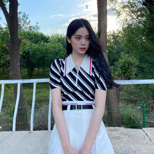 欧阳娜娜同款美式辣妹运动套装女夏季小个子条纹针织衫高腰百褶裙