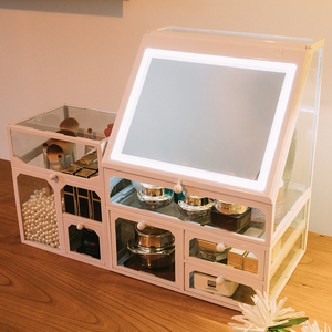 网红玻璃化妆品防尘收纳盒带镜子led补光桌面护肤品整理盒置物架