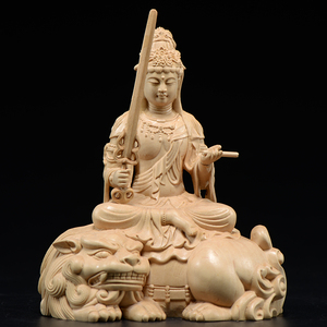 小叶黄杨木雕文殊菩萨摆件实木头雕刻根雕佛像红木家居饰品工艺品