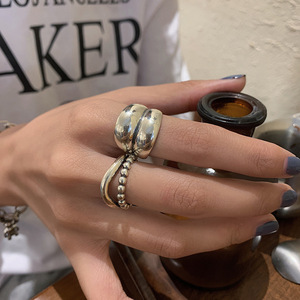 韩国圆珠复古重工戒指女欧美个性做旧几何简约开口食指环