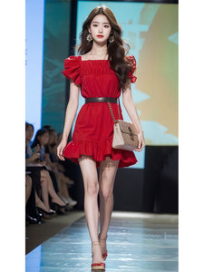 茶歇法式高端精致绝美小裙子高级气质红色花苞袖连衣裙2024夏季女