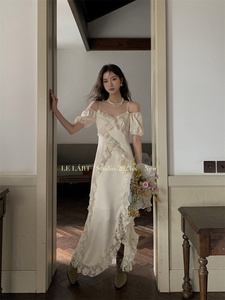2023夏季新款韩版设计感纯欲蕾丝边吊带连衣裙法式高级感开叉长裙