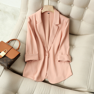 粉橘色薄款西装外套女2024春秋季新款小众高级时尚七分袖西服上衣
