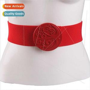 Red round buckle elastic wide belt female swallow decorative