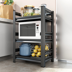 三层带围栏厨房置物架落地多层家用微波炉架子多功能收纳烤箱铁架