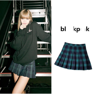 blackpink lisa同款高腰学格子半身裙百褶a字裙学生防走光短裙子