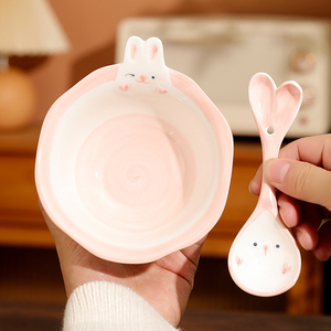 卡通兔子陶瓷碗浮雕釉下彩小清新家用饭碗面碗创意可爱甜品沙拉碗