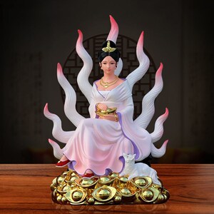 12寸九尾狐像家用玄关供奉彩绘树脂摆件新款青丘女帝君九尾狐神像