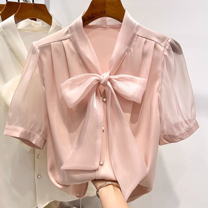 欧根纱粉色蝴蝶结短袖衬衫女夏2023新款欧货气质显瘦通勤雪纺衬衣