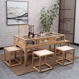 新中式实木珠宝展示桌中岛柜茶台可移动玻璃玉器翡翠洽谈桌椅组合