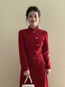 新中式老钱风毛呢连衣裙子秋冬女装红色新年战袍订婚礼裙两件套装