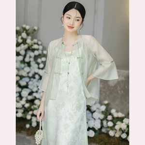 新中式女装唐装两件套装夏季高级感中国风文艺复古茶服长款连衣裙