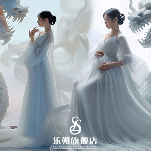 AI龙年新款孕妇拍照服装影楼主题仙气白色雪纺礼服孕妈咪艺术照服