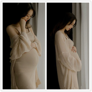 孕妇摄影服装唯美卡其色开衫裙影楼主题写真服装大肚妈孕妇照服装