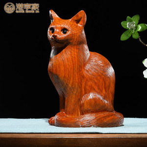 花梨木雕猫摆件创意可爱动物装饰仿真猫实木雕刻红木工艺品小猫咪