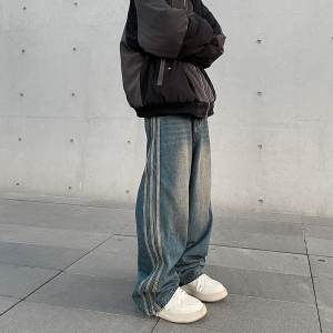 美式复古水洗做旧vintage高街侧边条纹牛仔裤男宽松阔腿显瘦裤子