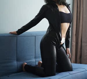 搜查官制服女连体皮衣双拉链开裆紧身衣免穿脱pu皮衣夜店会所ktv