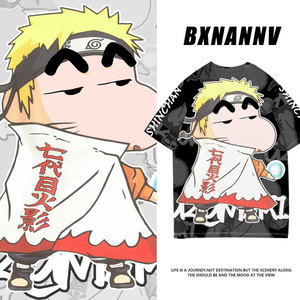 蜡笔小新联名火影忍者动漫半袖宽松t恤二次元鸣人佐助儿童短袖cos