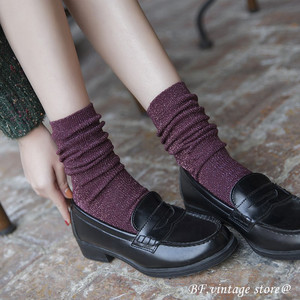 日本代购秋冬新款袜子女长筒金丝竖条堆堆袜玛丽珍女袜复古滑板袜