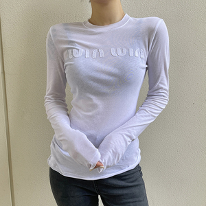 圆领白色t恤女长袖2024新款夏季刺绣薄款韩国棉麻打底衫时尚洋气