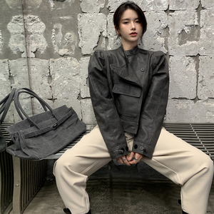 pu皮机车服上衣女短款小个子朋克服冬季加厚韩版宽松洋气皮衣外套