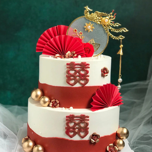 结婚订婚蛋糕装饰凤凰于飞插件新郎新娘中式婚礼喜字烘焙摆件插牌