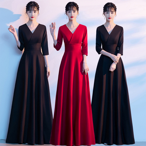 黑色大合唱团演出服女指挥长裙2024新款长款红歌比赛礼服艺考服装