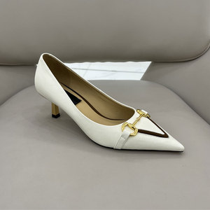 欧洲站女鞋2022春秋季新款时尚尖头单鞋金属扣细跟浅口百搭高跟鞋