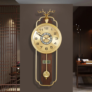 黄铜鹿挂钟客厅软装实木钟表轻奢时钟创意复古石英钟静音古典壁钟