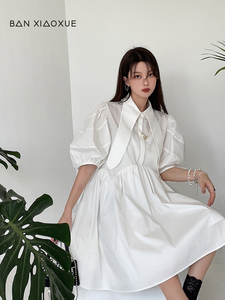 原创设计师品牌班晓雪简洁活跃青减龄泡泡袖尖领中长连衣裙