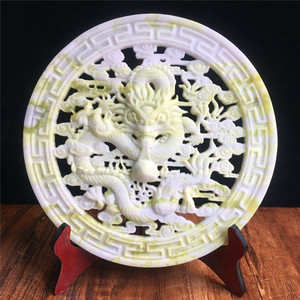 天然蓝田玉平安扣摆件家居客厅办公室玄关酒柜双龙戏珠玉璧装品